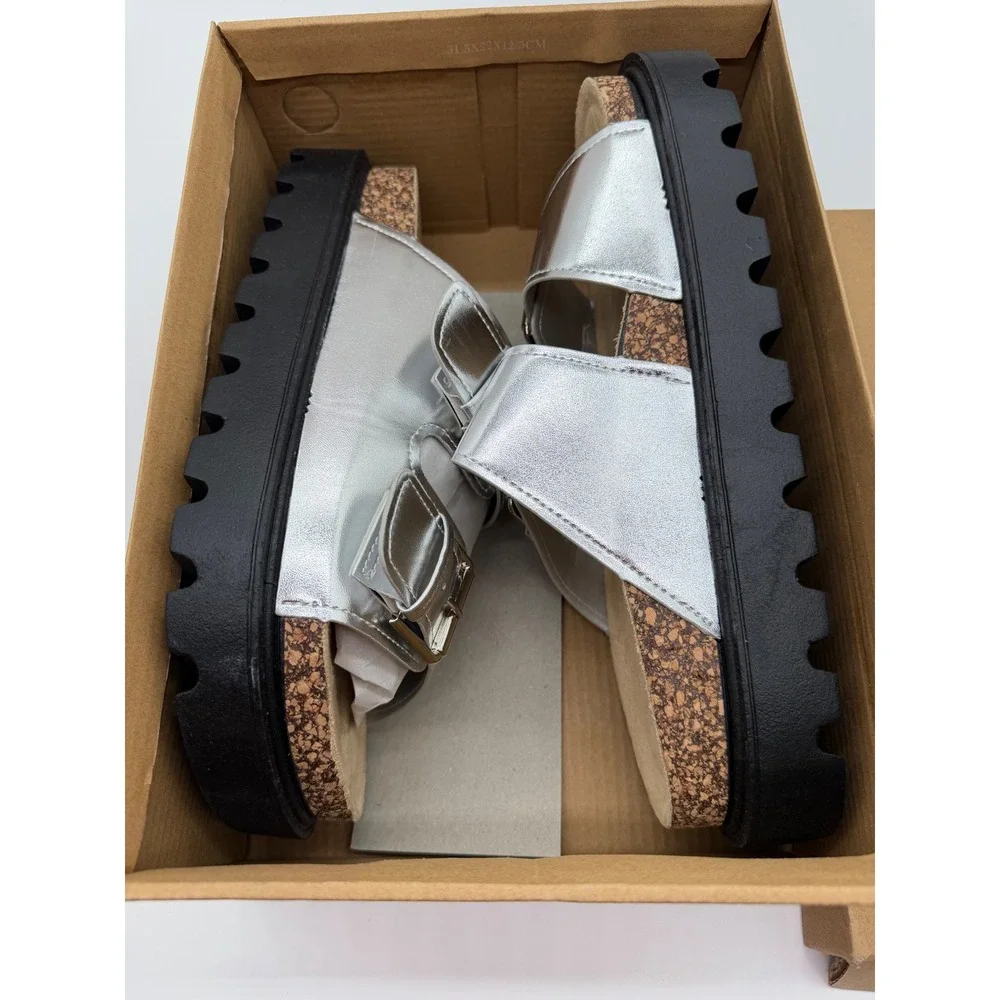Viapipa Womens Silver Metallic Double Buckle Chunky Platform Slide Sandals‎ 9